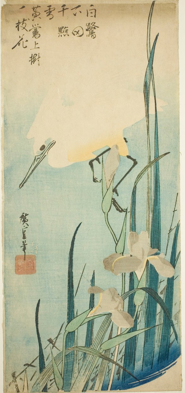 Hvit hegre og iris av Utagawa Hiroshige