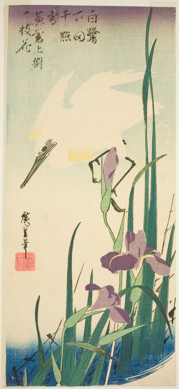 Hvit hegre og iris av Utagawa Hiroshige