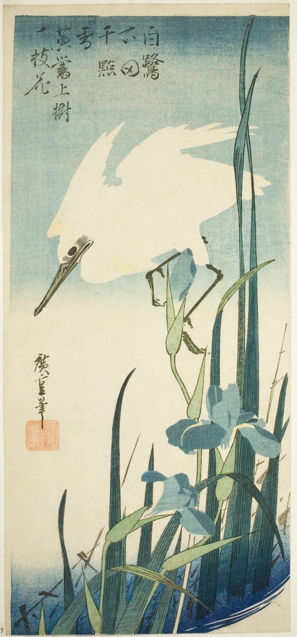 Hvit hegre og iris av Utagawa Hiroshige