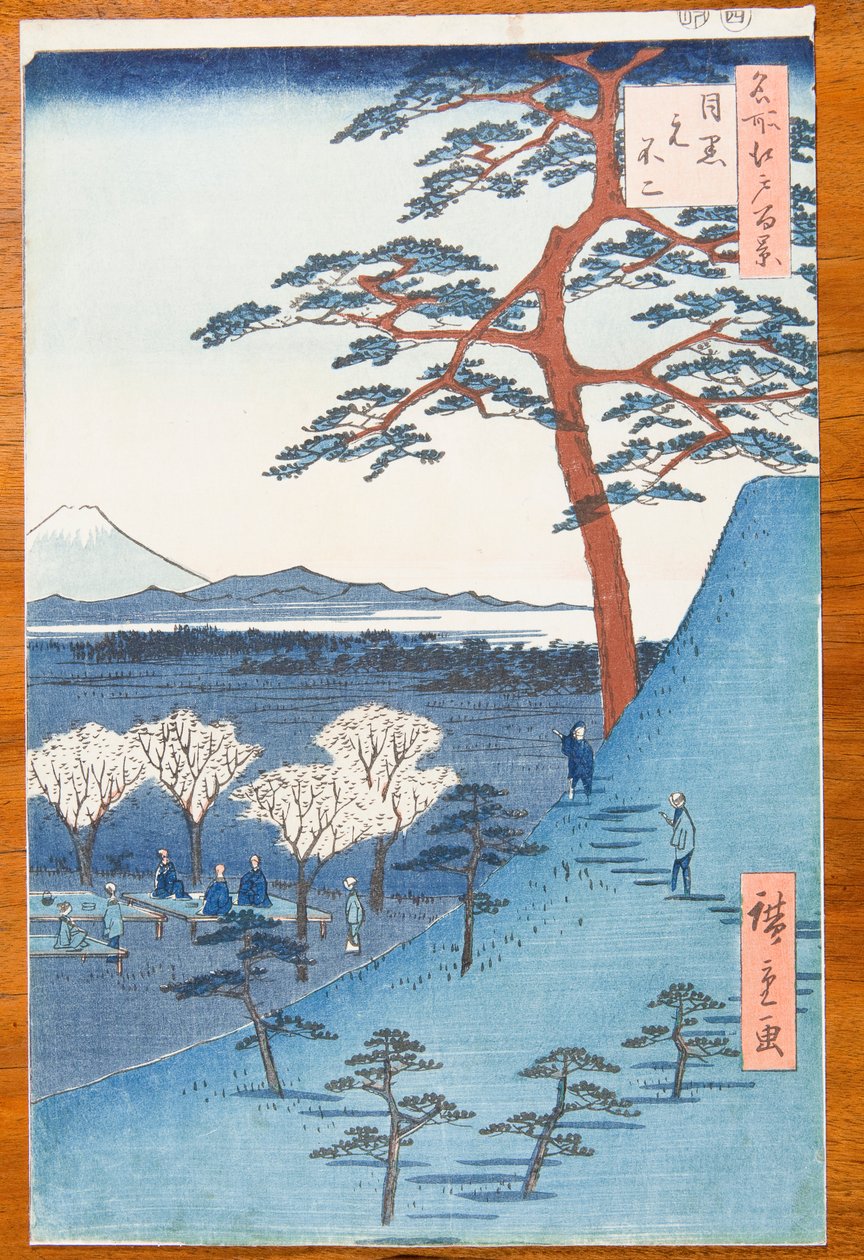 Utsikt fra Meguro mot det ekte Fuji-fjellet - Meguro Moto-Fuji, plansje 25 fra serien: Hundre berømte utsikter over Edo / Meisho Edo hyakkei av Utagawa Hiroshige