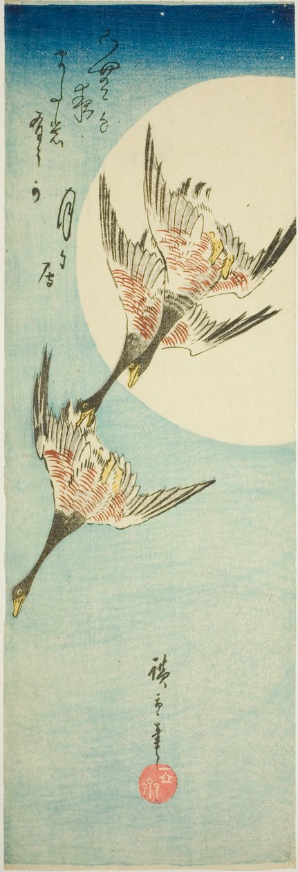 Villgås som flyr over fullmåne av Utagawa Hiroshige
