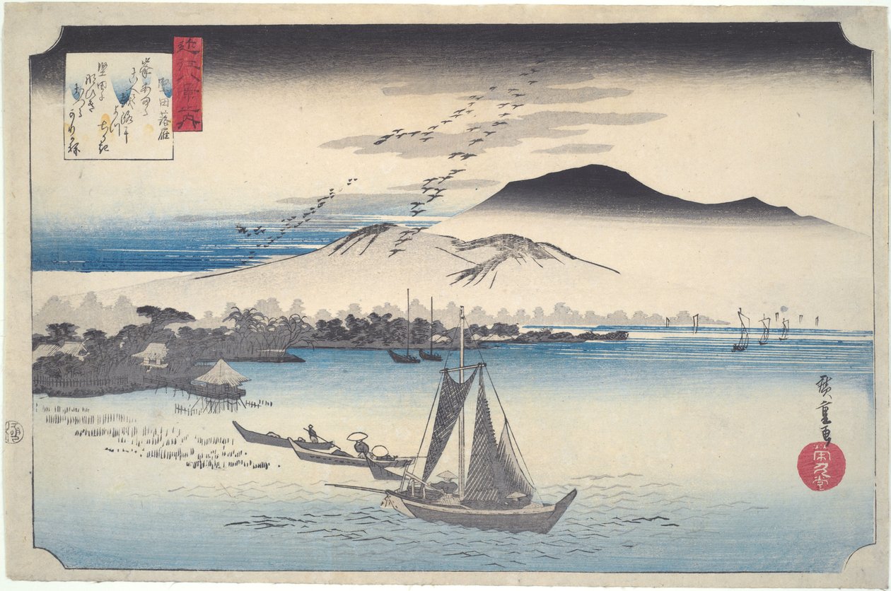 Villgjess som flyr ned ved Katada, fra serien Åtte utsikter over Ōmi av Utagawa Hiroshige