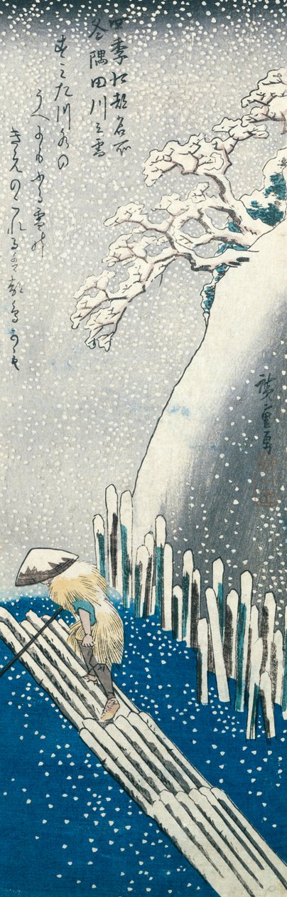 Vinterscene (treblokktrykk i farger) av Utagawa Hiroshige