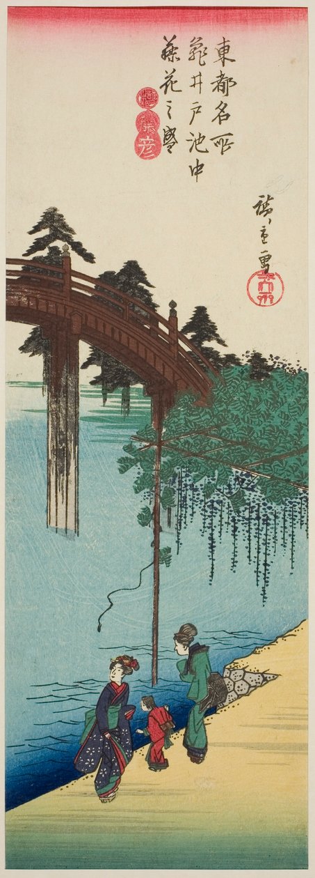 Wisteria i full blomst over dammen ved Kameido-helligdommen (Kameido ike chu fujibana no sakari), fra serien "Famous Places in the Eastern Capital (Toto meisho)" av Utagawa Hiroshige