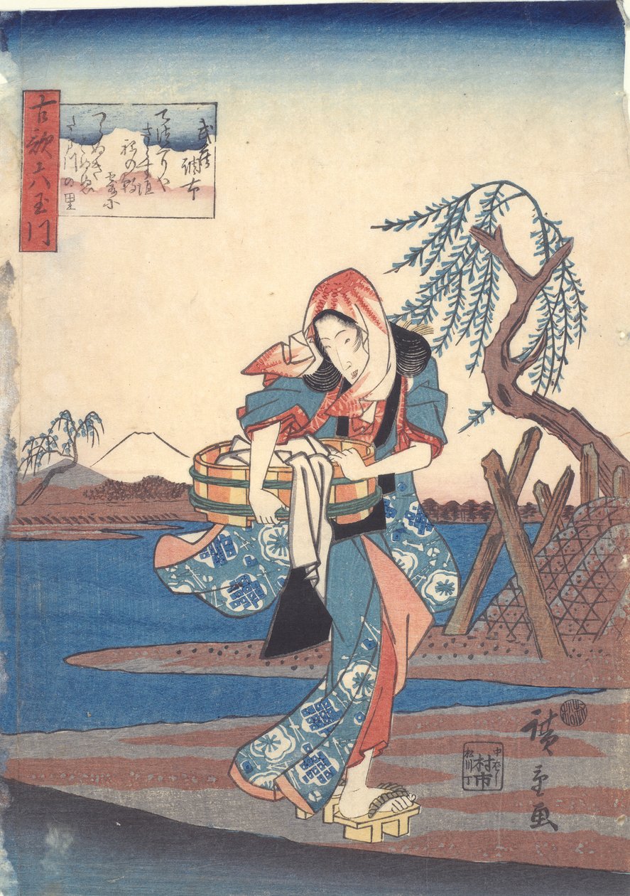 Kvinne som vasker klær ved Chofu-elven: Six Tama Rivers av Utagawa Hiroshige
