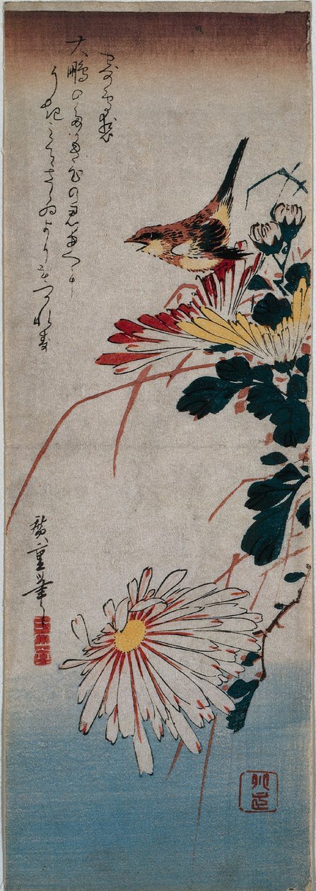 Wren og krysantemum av Utagawa Hiroshige
