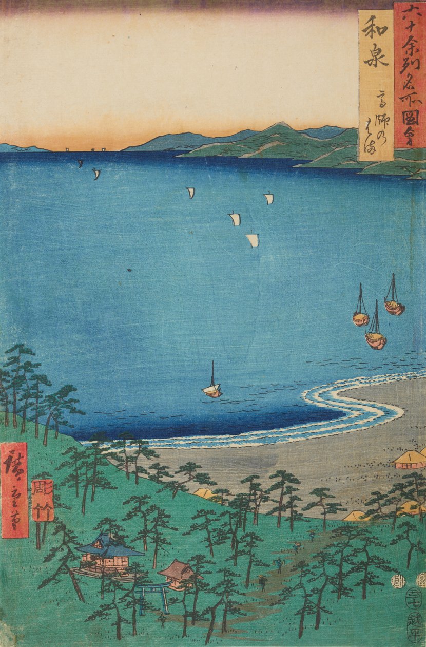 Takashi-kysten i Izumi-provinsen, plansje 4 fra serien: Utsikter over berømte steder i mer enn seksti provinser av Utagawa Hiroshige