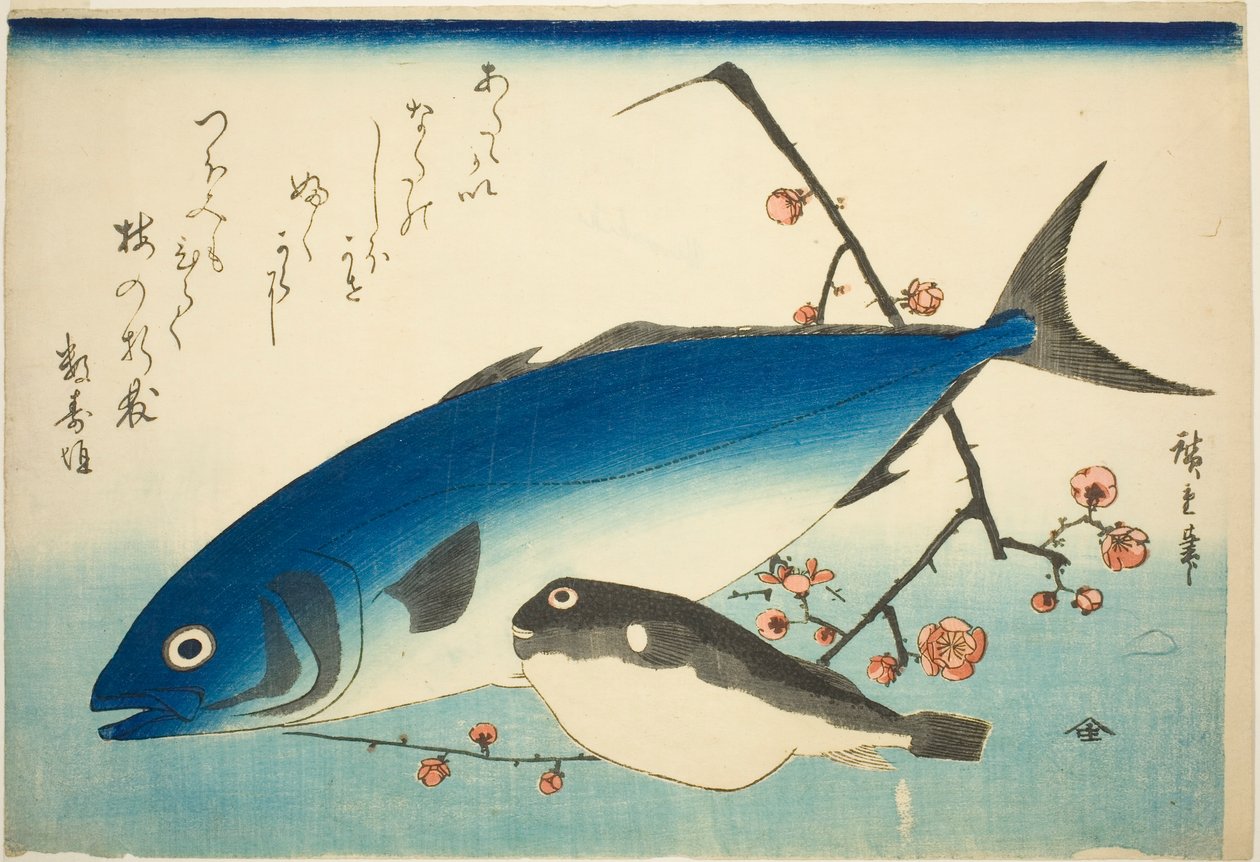 Gulhale, blåsefisk og plommegren av Utagawa Hiroshige