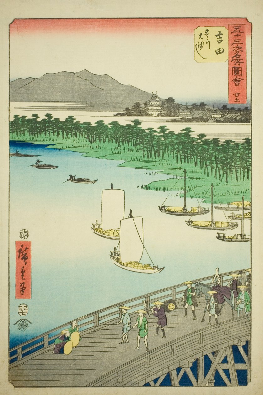 Yoshida: Great Bridge på Toyo River (Yoshida, Toyokawa ohashi), nr. 35 fra serien "Famous Sights of the Fifty-three Stations (Gojusan tsugi meisho zue)," også kjent som den vertikale Tokaido av Utagawa Hiroshige