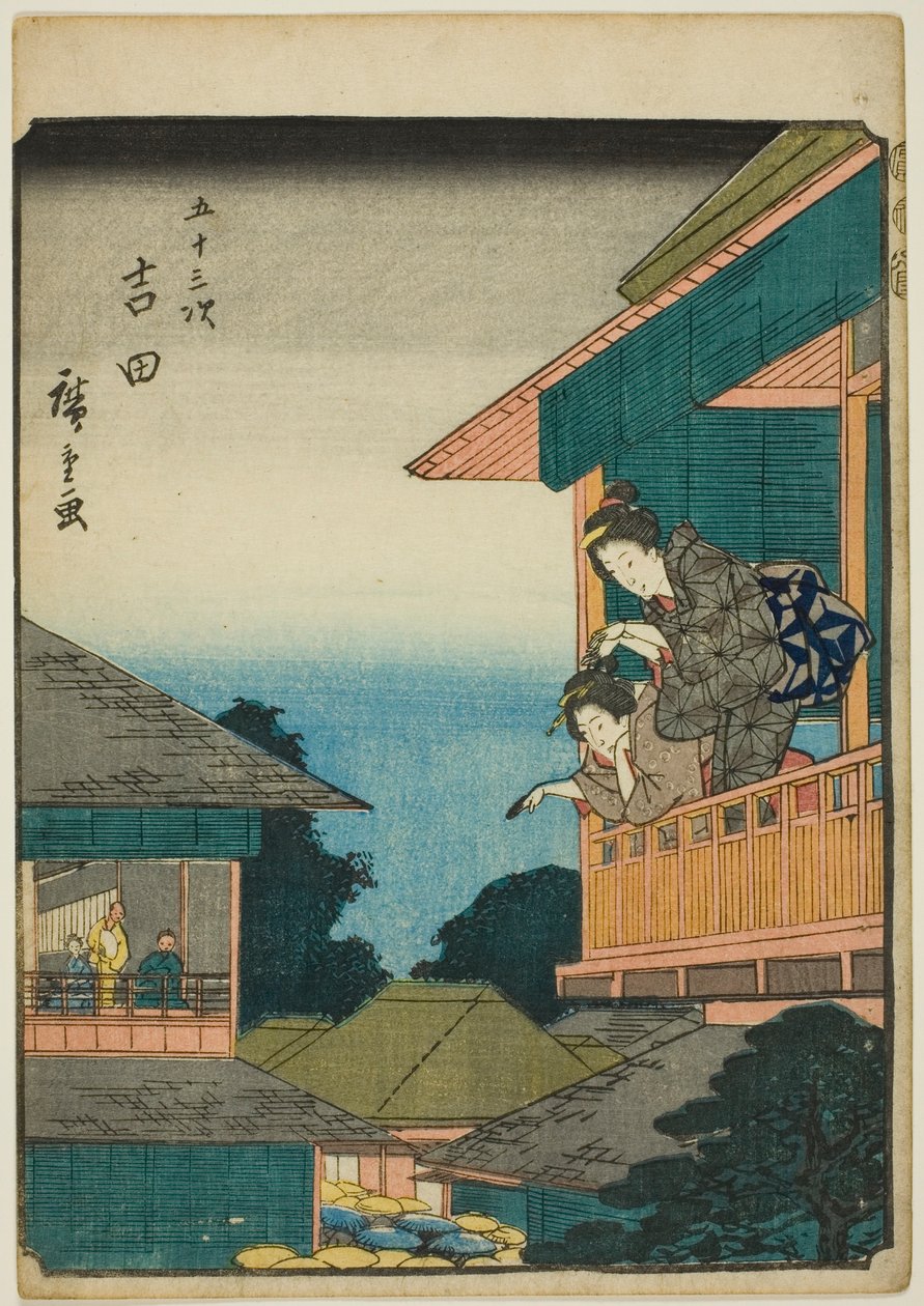 Yoshida, fra serien "Fifty-three Stations [of the Tokaido] (Gojusan tsugi)," også kjent som figuren Tokaido (Jinbutsu Tokaido) av Utagawa Hiroshige
