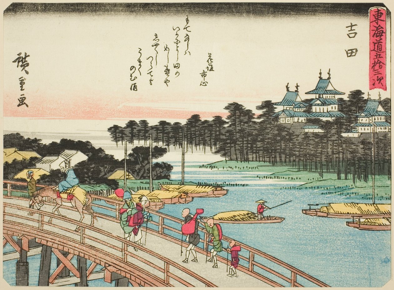 Yoshida, fra serien "Fifty-three Stations of the Tokaido (Tokaido gojusan tsugi)," også kjent som Tokaido med dikt (Kyoka iri Tokaido) av Utagawa Hiroshige