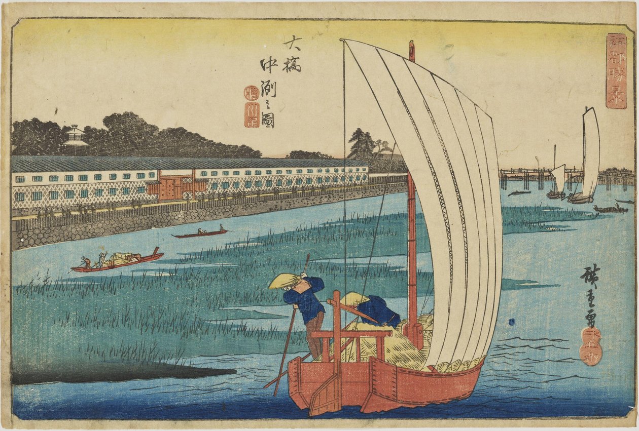 «Sandbank ved Ōhashi» fra serien «Enestående utsikter over Edo» av Utagawa Hiroshige