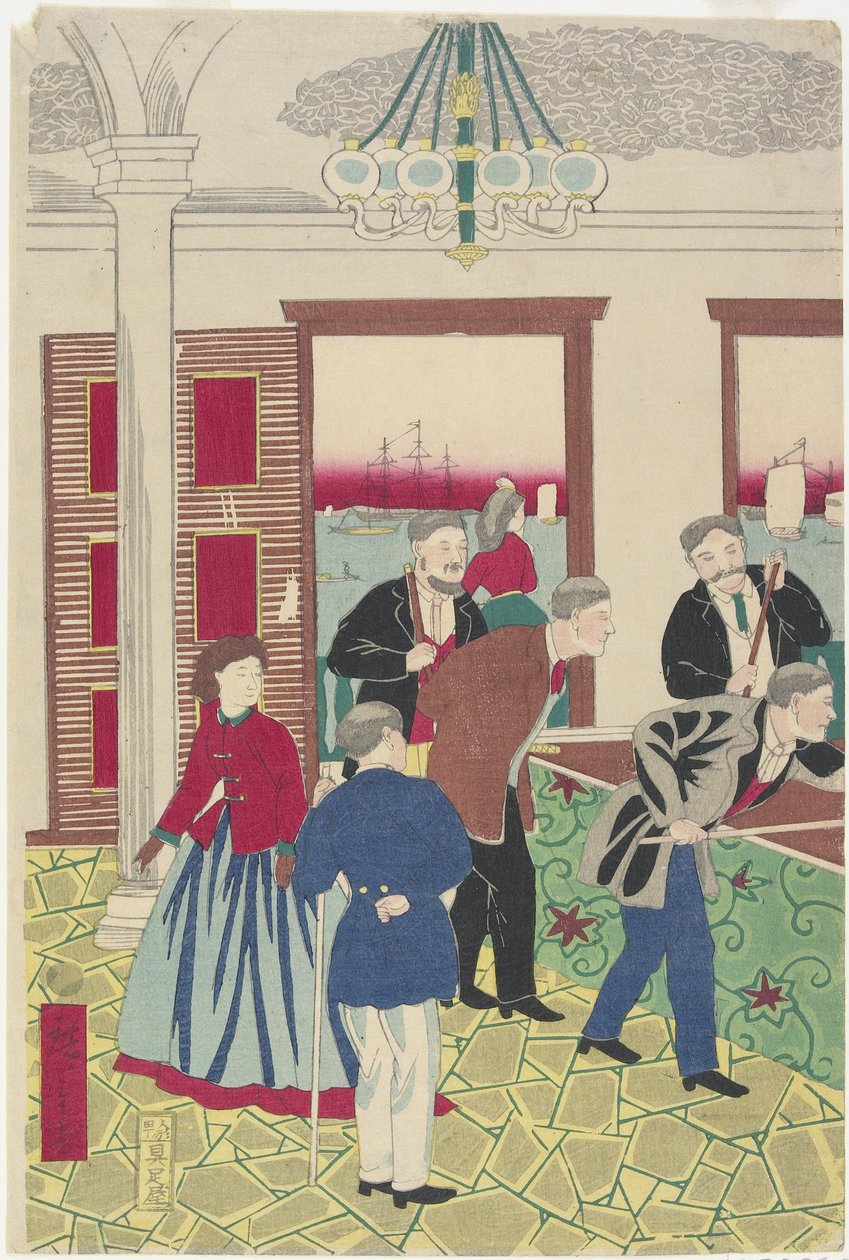 Utlendinger ved Billiard Game, slutten av 1800-tallet av Utagawa Hiroshige III