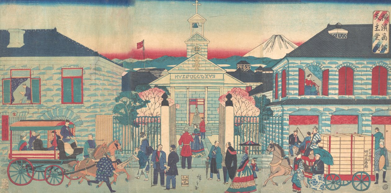 Illustrasjon av utenlandske boliger og den katolske kirken i Yokohama Yokohama..., 10. måned, 1870. av Utagawa Hiroshige III