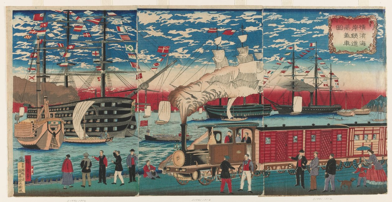Bilde av et lokomotiv langs Yokohama Waterfront, Yokohama, Edo-perioden av Utagawa Hiroshige III