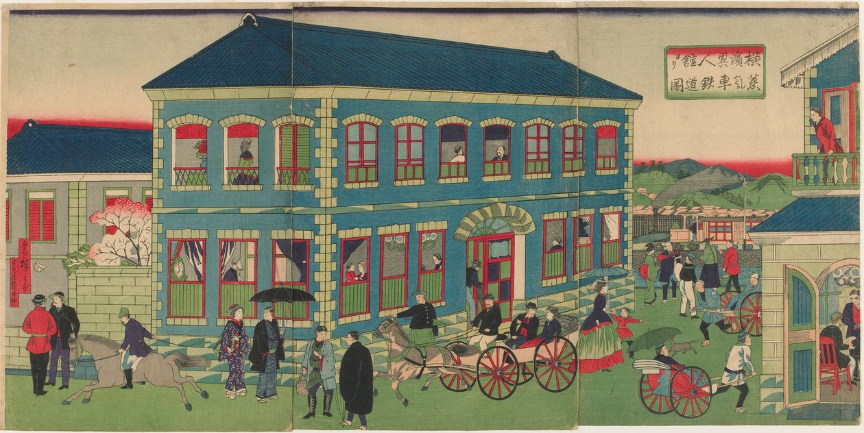 Bilde av damptoget fra de utenlandske etablissementene i Yokohama, Meiji-tiden av Utagawa Hiroshige III