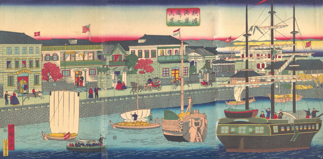 5th gate, 1870, Yokohama-prefekturpolitiet ved elven, 1870. av Utagawa Hiroshige III