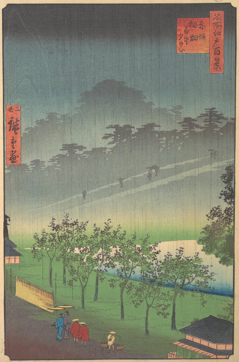 Kveldsutsikt over Kiribata i regn ved Akasaka, 1859. av Utagawa Hiroshige II