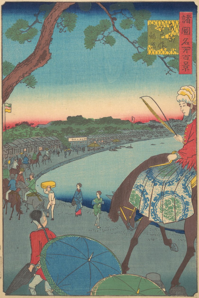 Utlendinger som rir langs kysten ved Takanawa i den østlige hovedstaden, 9. måned, 1861. av Utagawa Hiroshige II