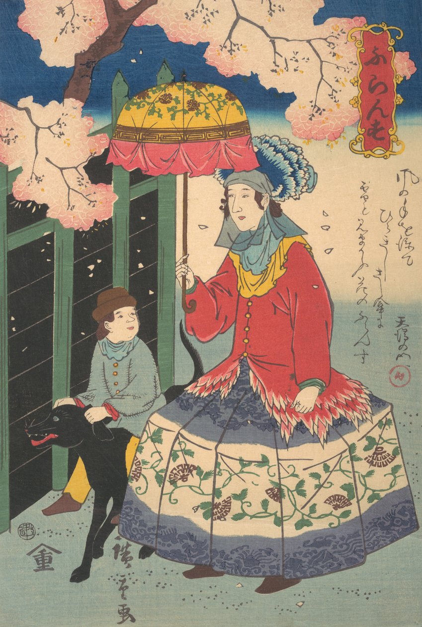 Fransk kvinne, hennes barn og hund, 10. måned, 1860. av Utagawa Hiroshige II