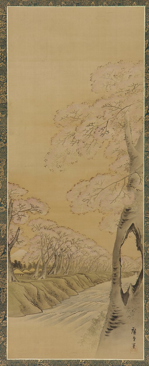 Landskap: blomstrende kirsebærtrær langs bredden av en bekk, Edo-perioden, 1615-1868. av Utagawa Hiroshige II