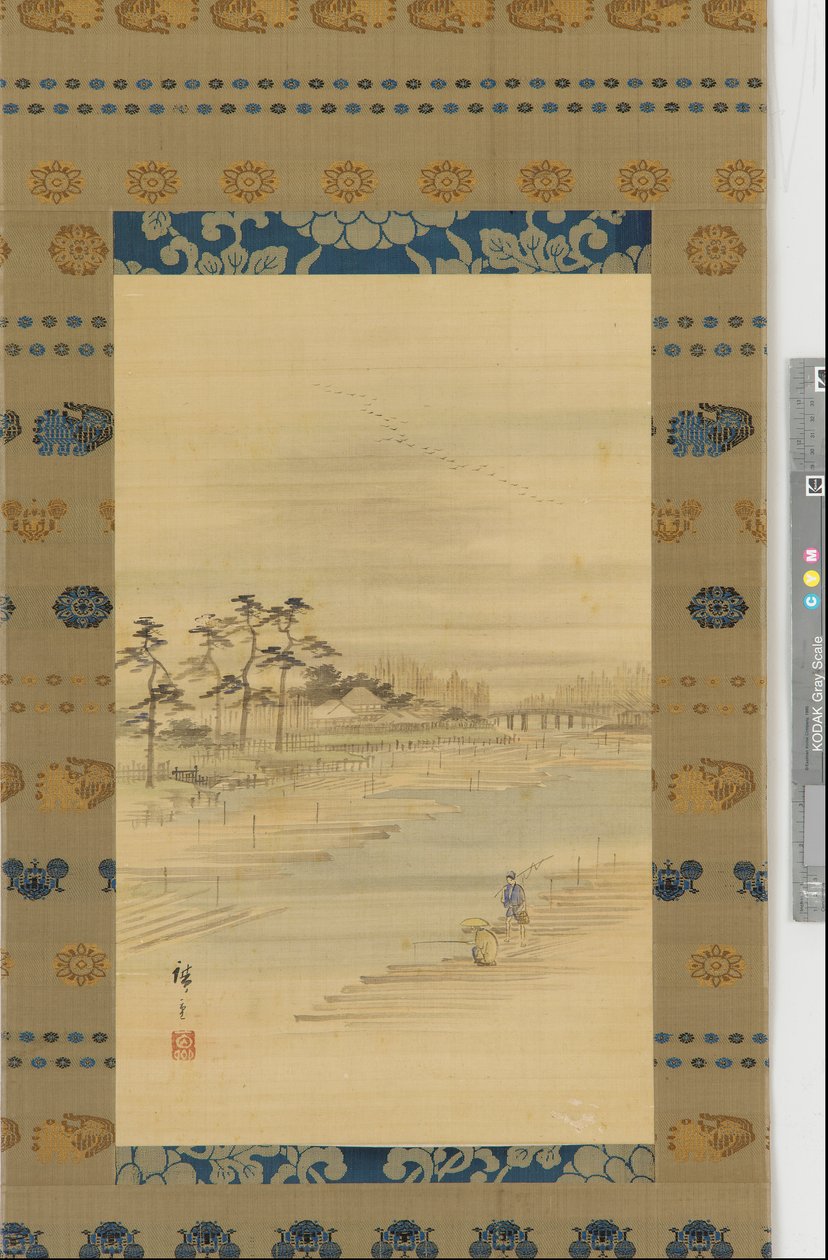 Elvelandskap: tømmergårder og flåter, midten av 1800-tallet. av Utagawa Hiroshige II