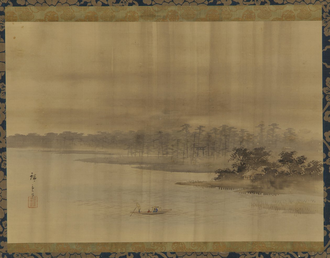 Elvelandskap og tempel i regnet, Edo-perioden, 1800-tallet. av Utagawa Hiroshige II
