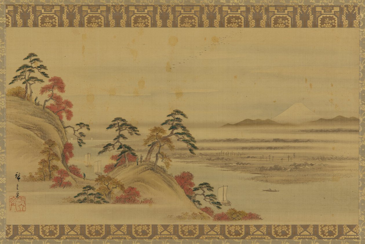 Elvelandskap: rødt løvverk og Fuji-fjellet, Edo-perioden, midten av 1800-tallet. av Utagawa Hiroshige II