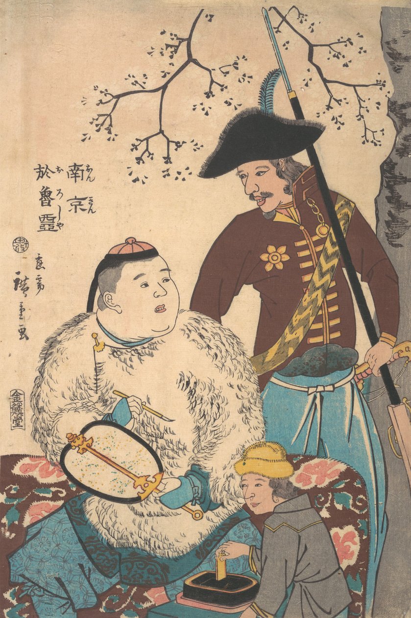 Russere og en kineser som skriver inn en fan, 12. måned, 1860. av Utagawa Hiroshige II