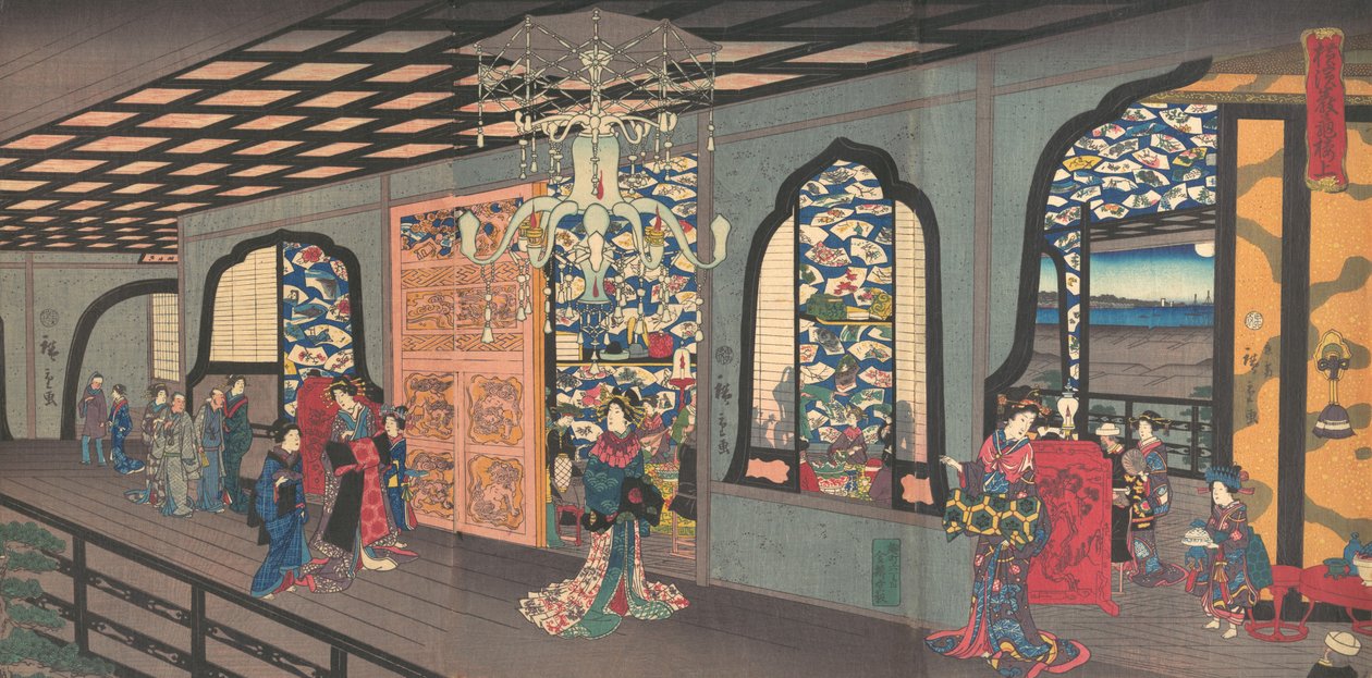 Øvre etasje i Gankiro Tea House i Yokohama, 4. måned, 1860. av Utagawa Hiroshige II