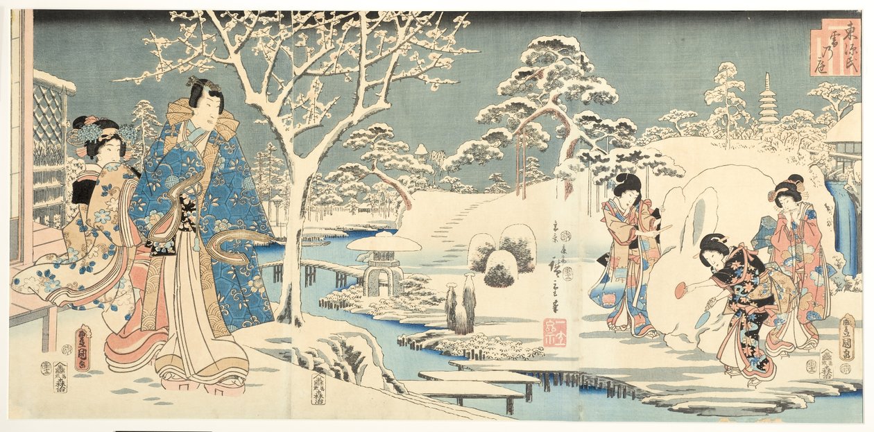 En østlig genji i en snødekt hage, 1854 (treblokk) av Utagawa Hiroshige and Kunisada