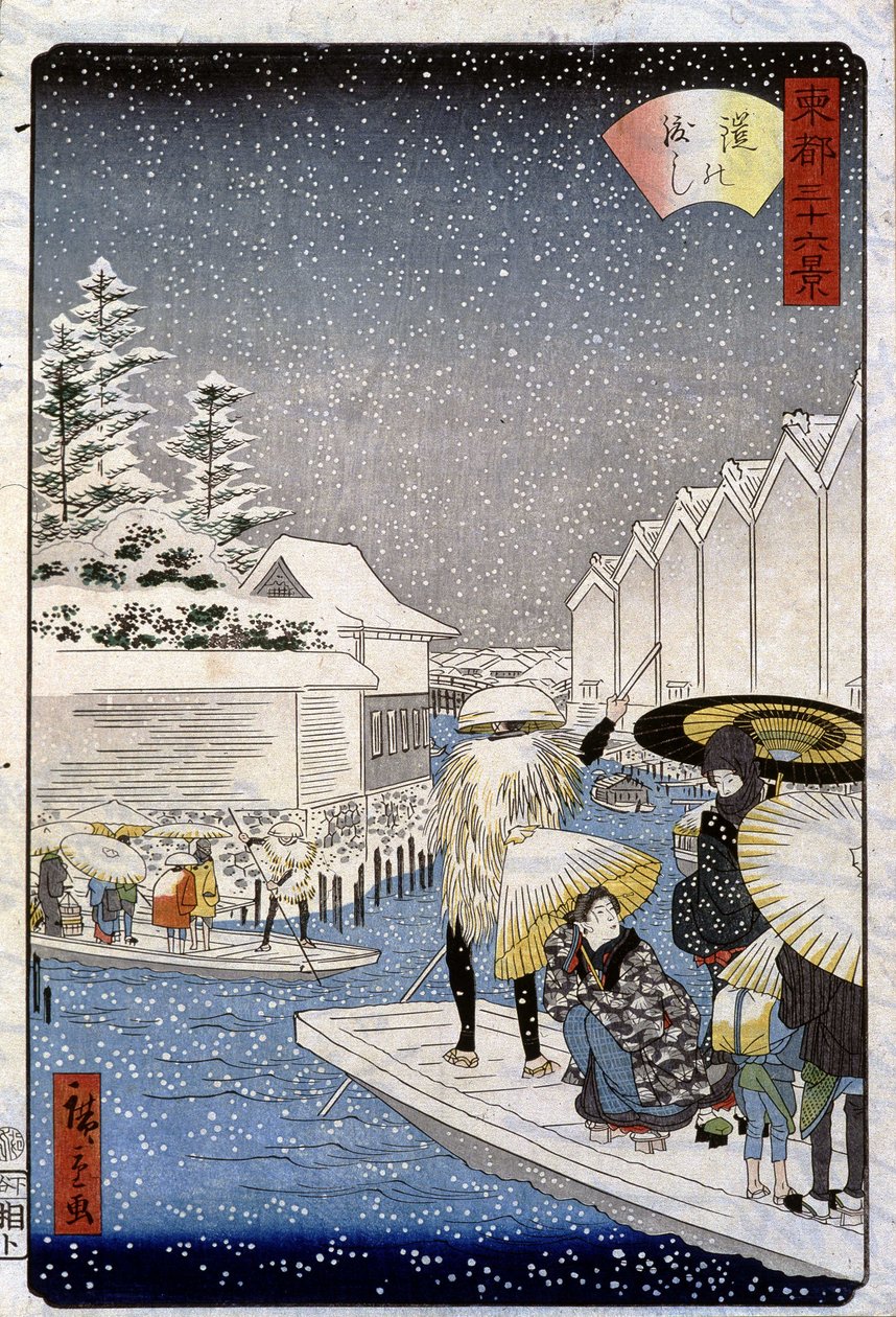 Boats under the snow, Japan - Hiroshige print av Utagawa II Hiroshige