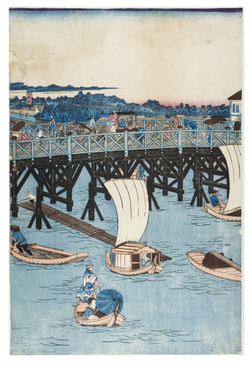 Kjente steder i Tokyo, sann utsikt over Ryogoku-broen av Utagawa II Hiroshige