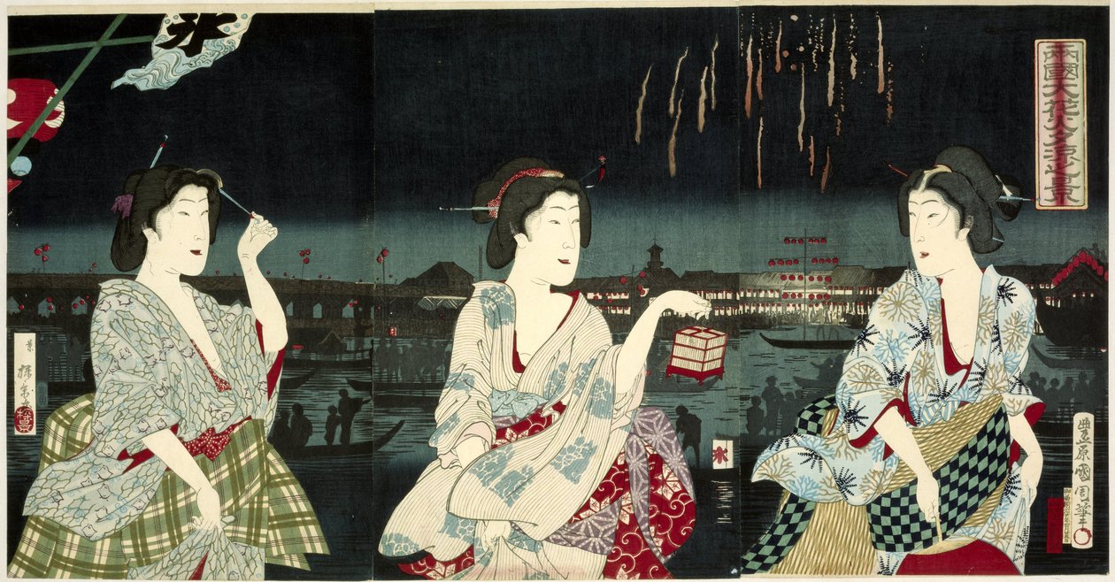 Nyter kveldsbrisen under fyrverkeriet på Ryogoku Ryogoku hanabi yusuzumi no kei (tittel på objekt) av Utagawa Kunichika