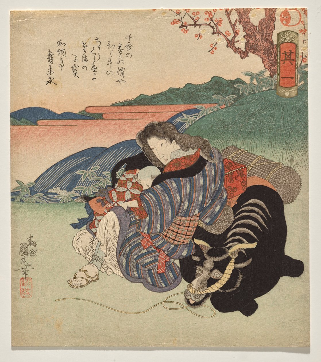En kvinne og en gutt hviler mot en okse av Utagawa Kunimaru