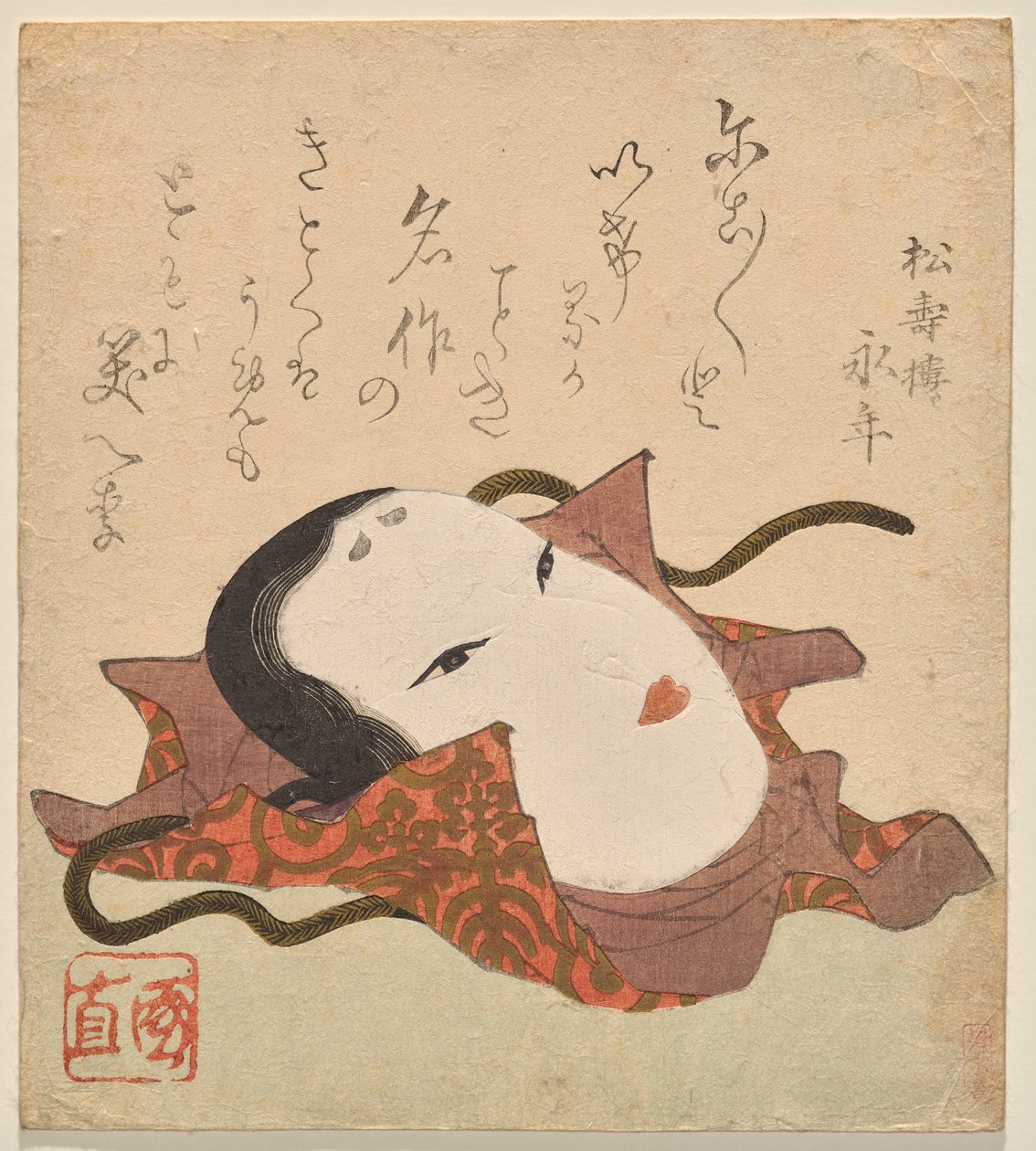 N? maske i en brokade-innpakningsduk dekorert med et paulownia-motiv av Utagawa Kuninao
