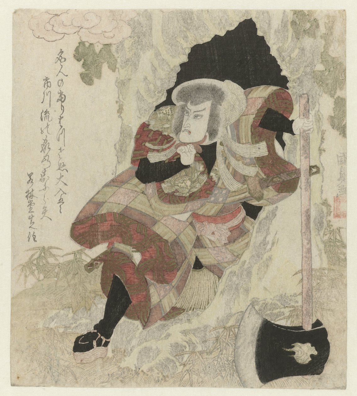 Mann med øks kommer seg ut av et tre av Utagawa Kunisada (I)