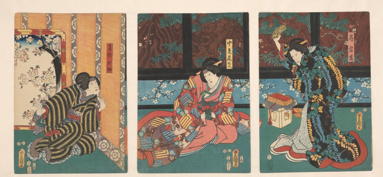 Scene fra Play The Mirror Mountain Ohatsu-spioner krangler mellom vaktdamer av Utagawa Kunisada (I)