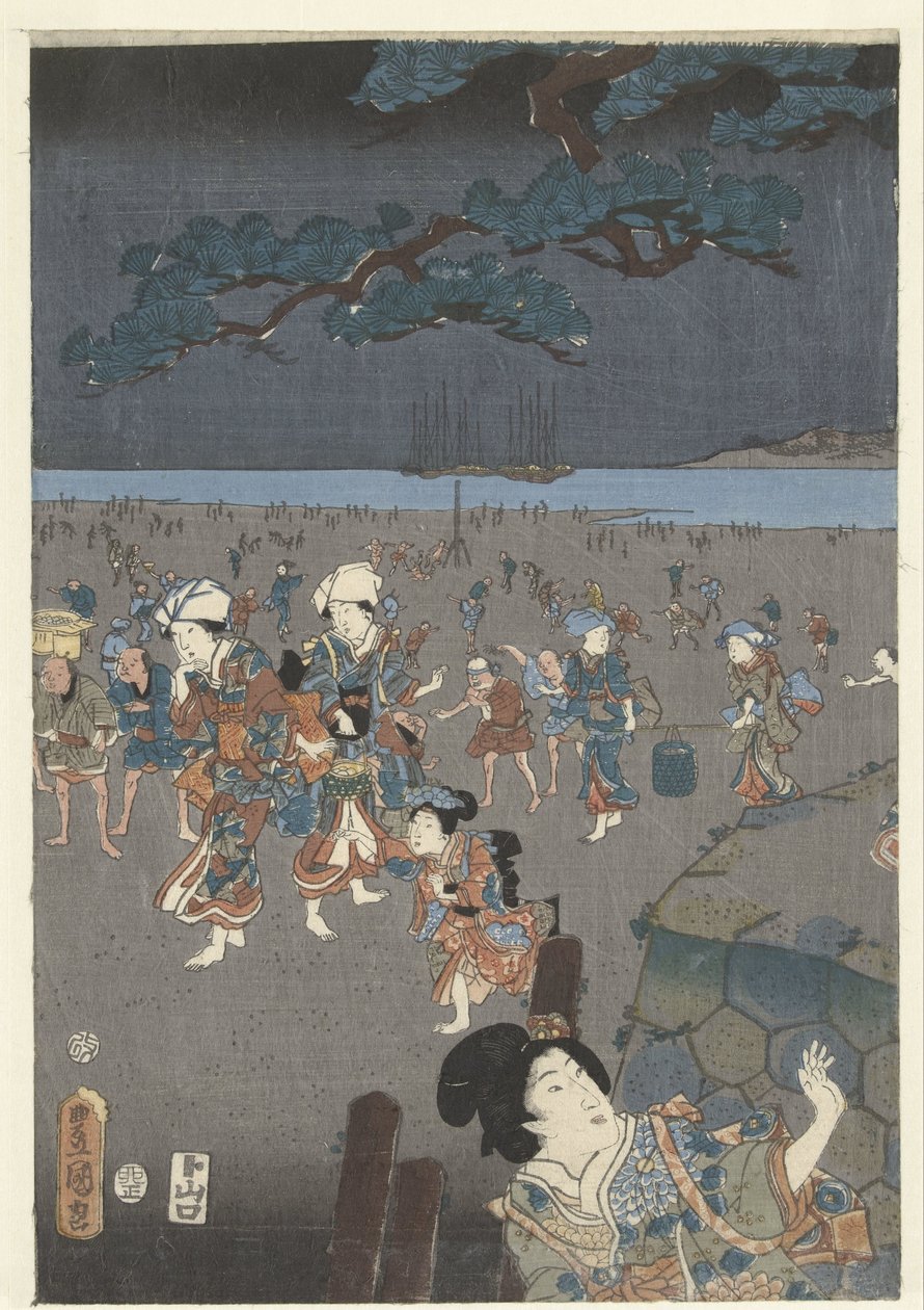 Samler skjell på Akashi.-stranden Akashi no ura shiogari no zu av Utagawa Kunisada (I)