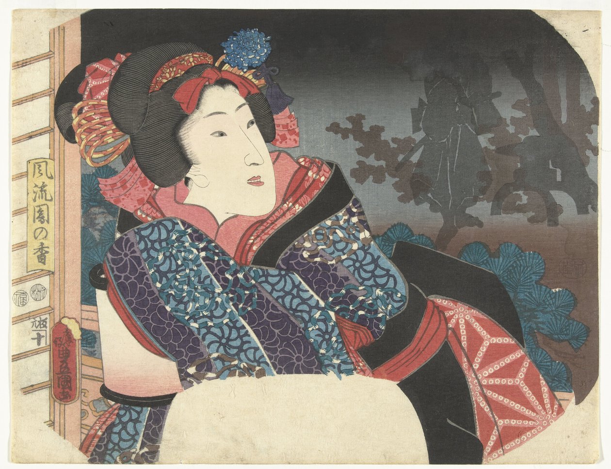 Kvinne dekker lanterne med kimono Utvalg av elegante hager (serietittel) Furyu sono no ko (serietittel på objekt) av Utagawa Kunisada (I)