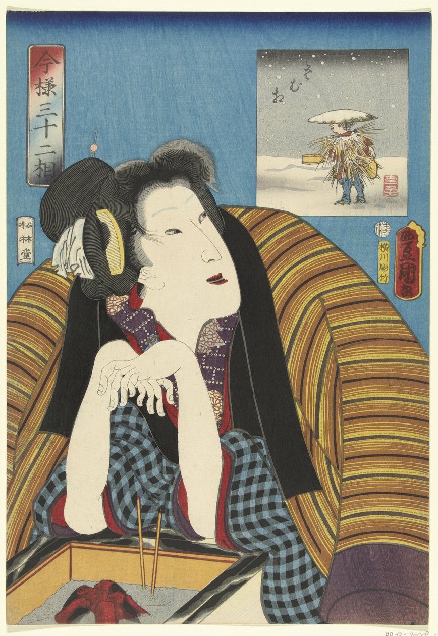 Frau, die sich die Hände an einem Hibachi wärmt von Utagawa Kunisada (I)