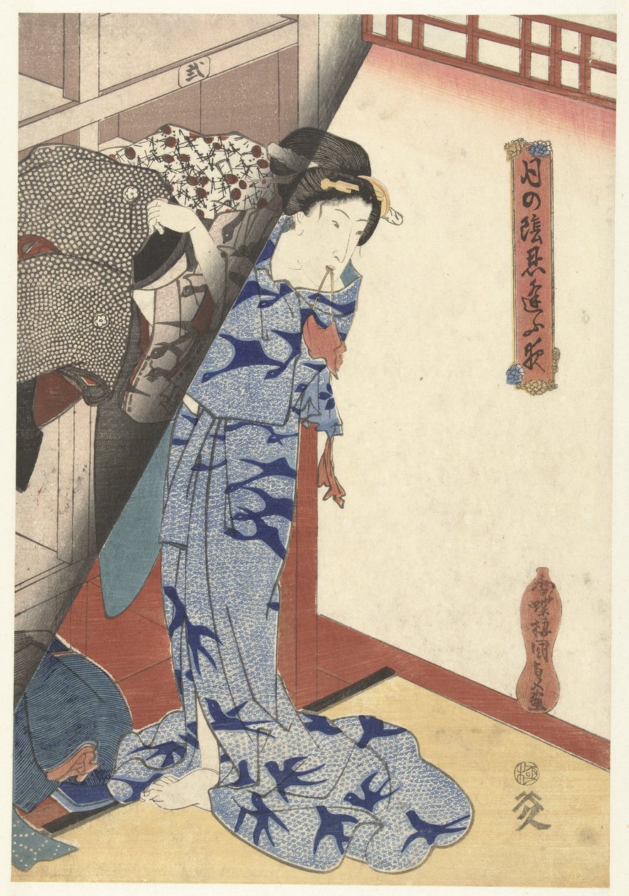 Kvinne legger fra seg en kimono Secret Nighttime Dates av Moonlight (serietittel) Tsuki no kage shinobiau yoru (serietittel på objekt) av Utagawa Kunisada (I)