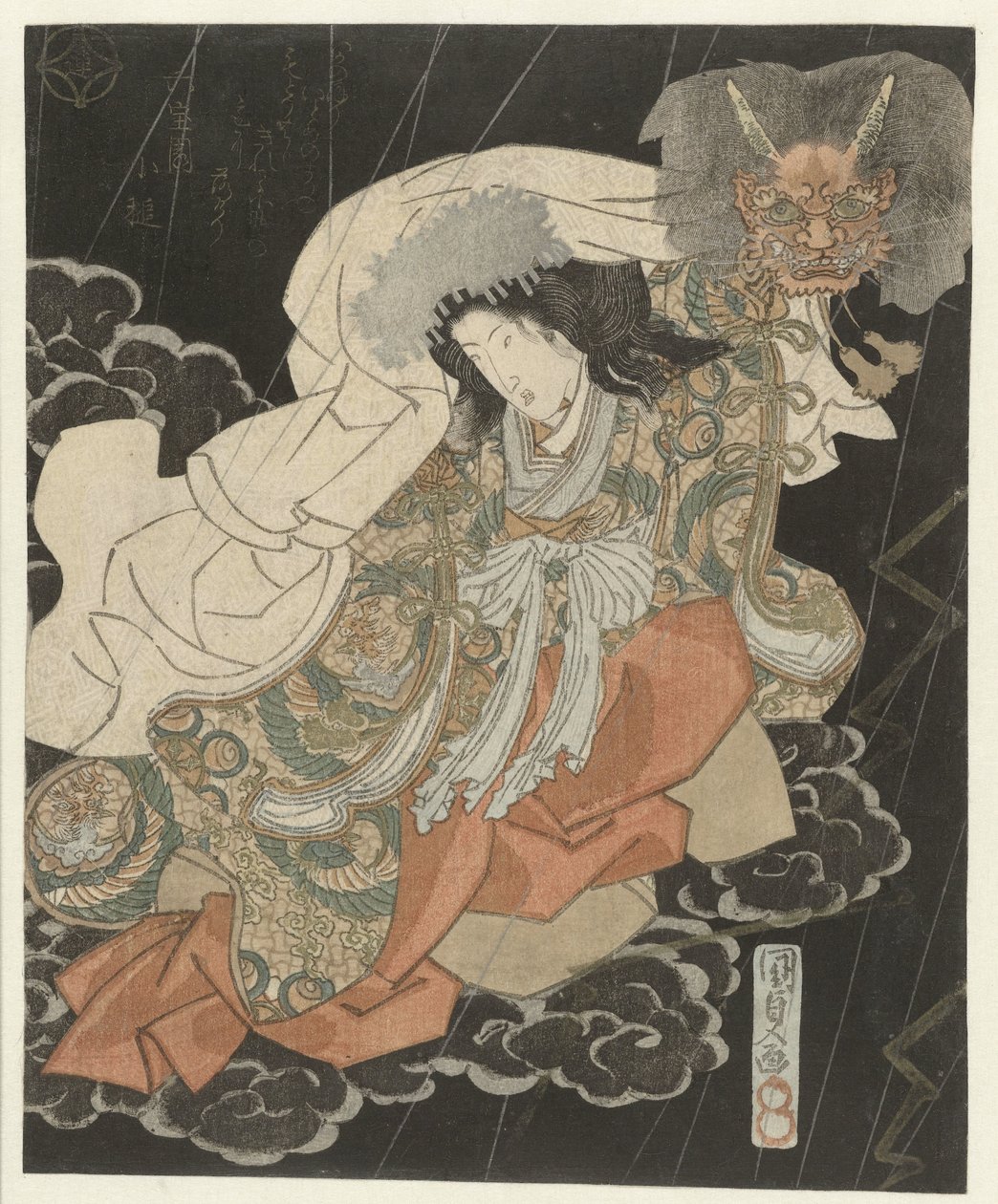 Kvinne med demonmaske mellom skyene av Utagawa Kunisada (I)