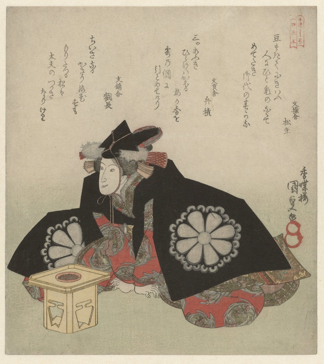 Kvinne sitter foran et offerstativ av Utagawa Kunisada (I)