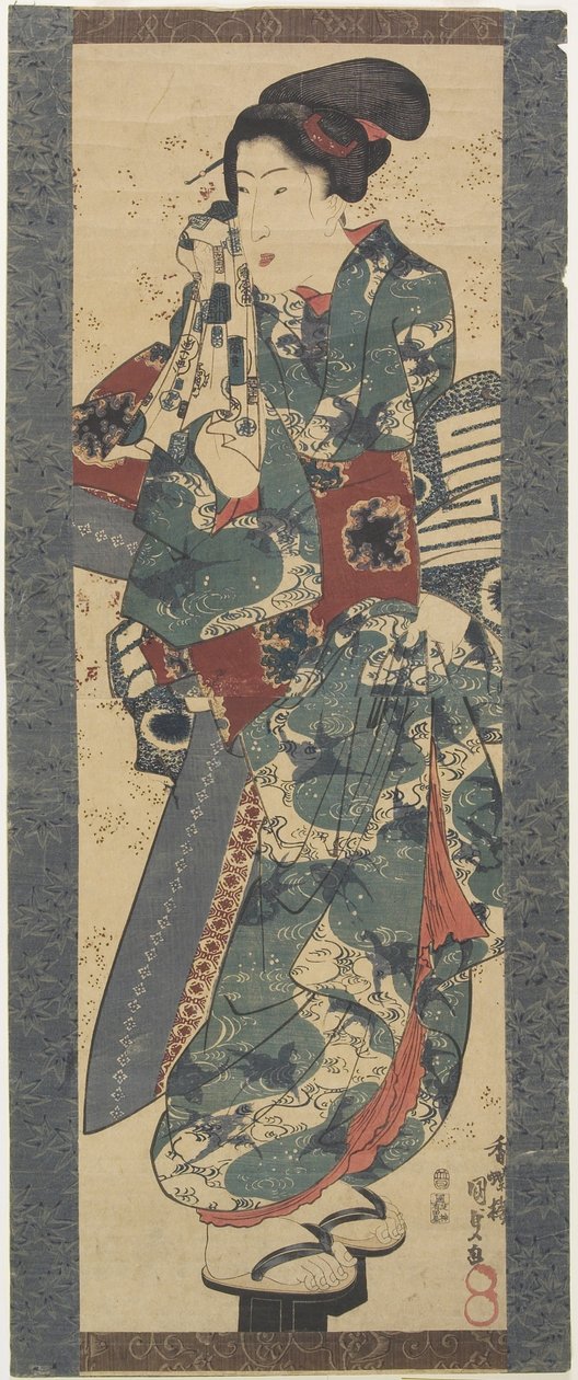 (Kvinne holder et håndkle), 1843-1847 av Utagawa Kunisada