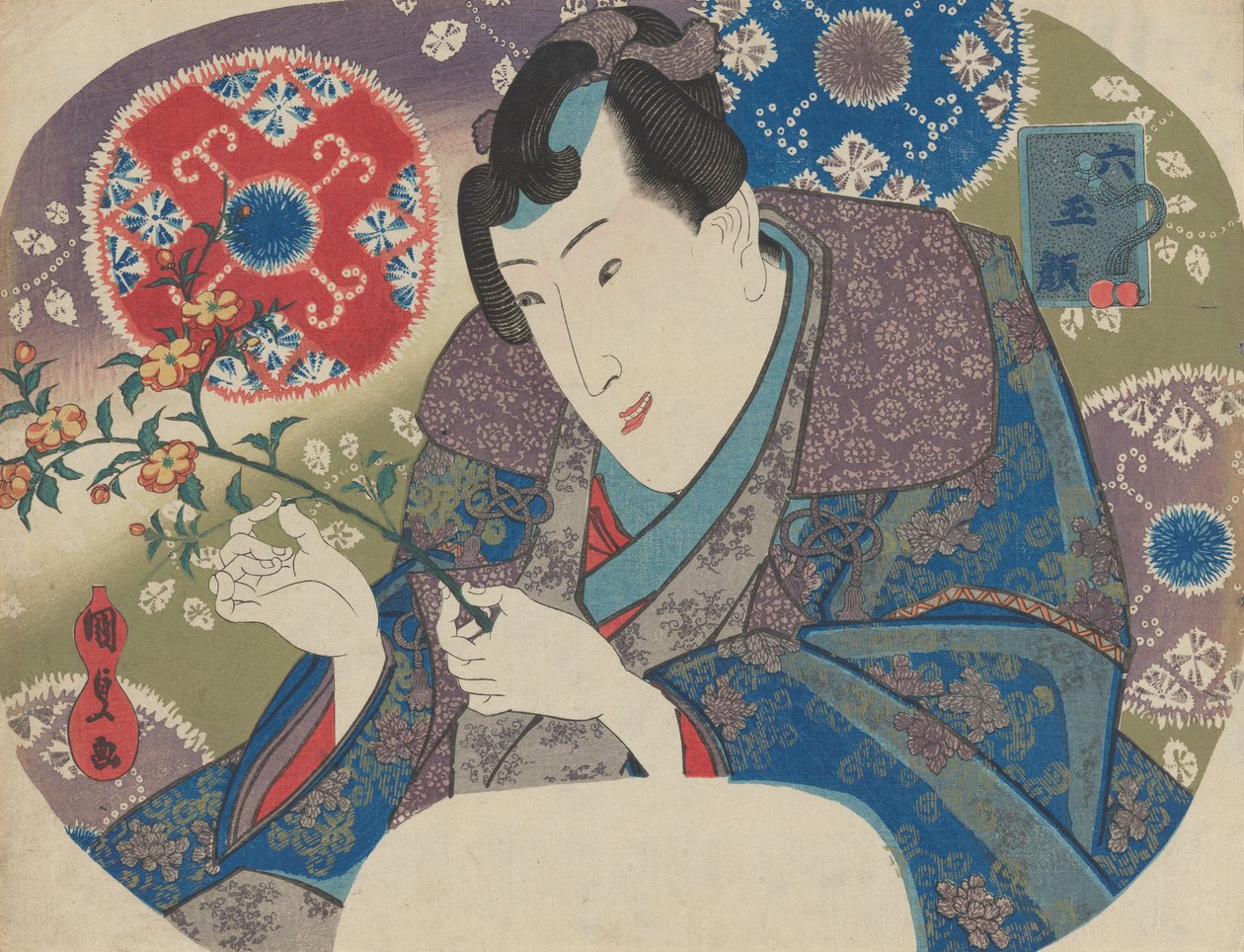 Mitsuuji med Mountain Roses Yamabuki, fra serien "Six Jewel Faces" M..., midten til slutten av 1830-tallet. av Utagawa Kunisada
