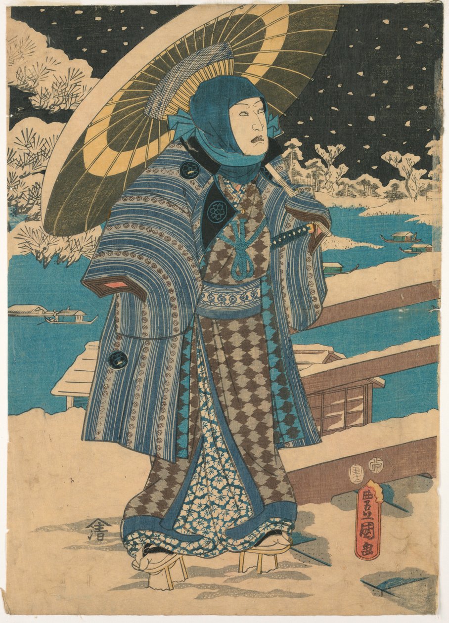 En del av en triptyk: mann med parasoll av Utagawa Kunisada