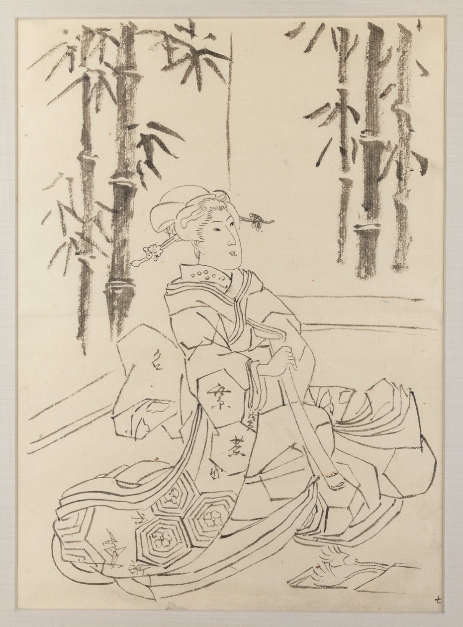 Forberedende tegning til venstre blad i triptyket Elegant instrumentaltrio av jenter av Utagawa Kunisada