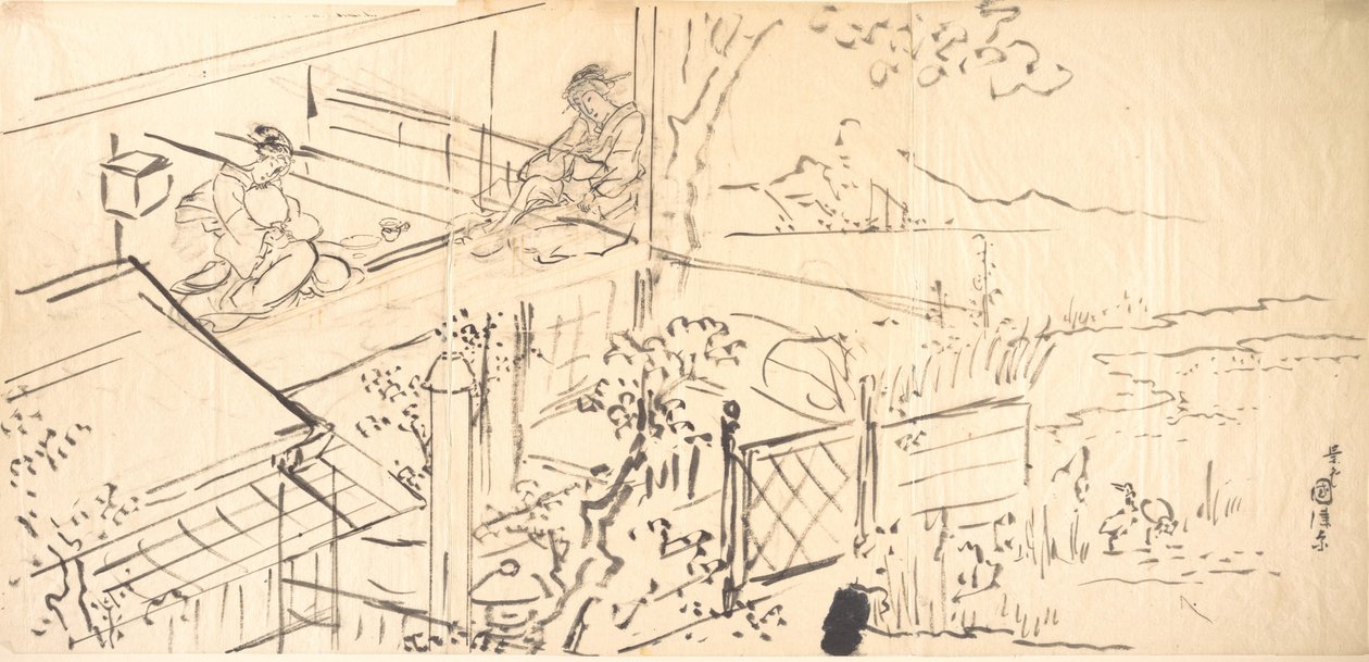 To kurtisaner nyter utsikten fra et tehus av Utagawa Kunisada