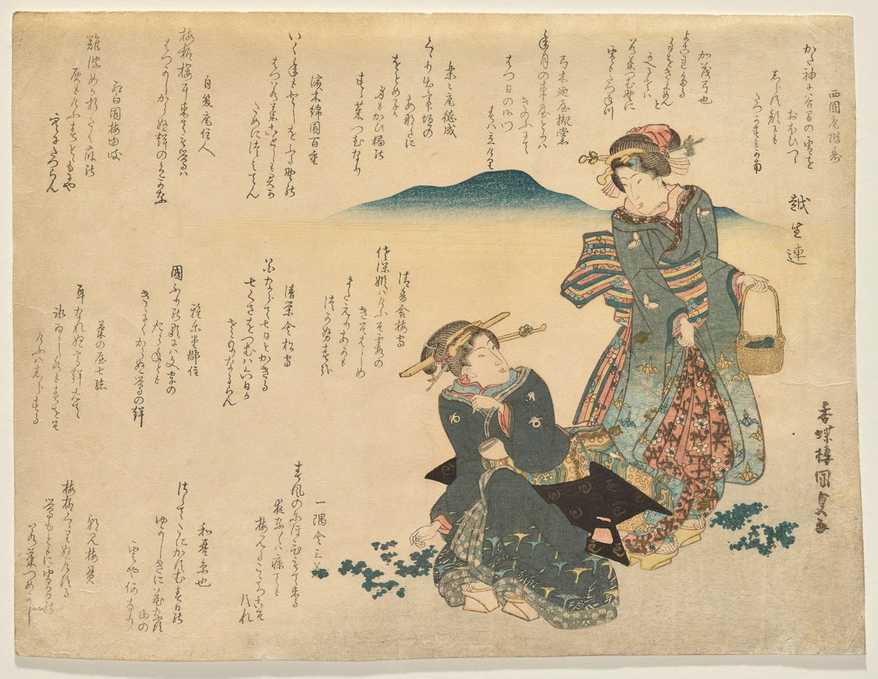 To kvinner samler de syv tradisjonelle urtene til nyttår av Utagawa Kunisada